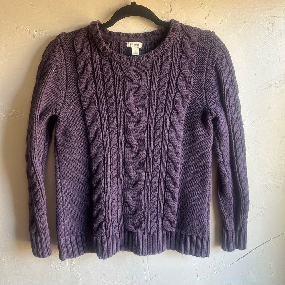 L.L.Bean Plum Cable Knit Sweater L Fitted Cotton Cottagecore‎ Preppy Academic